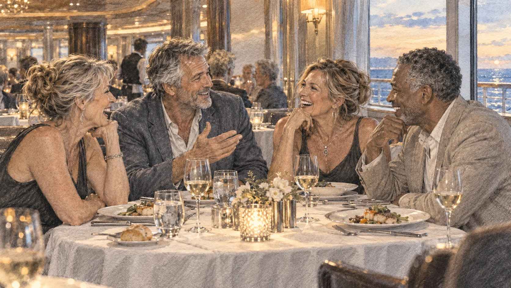 GenAthleteX Origin Story _ The Cruise Dinner Two couples sharing a lively dinner conversation aboard a cruise ship