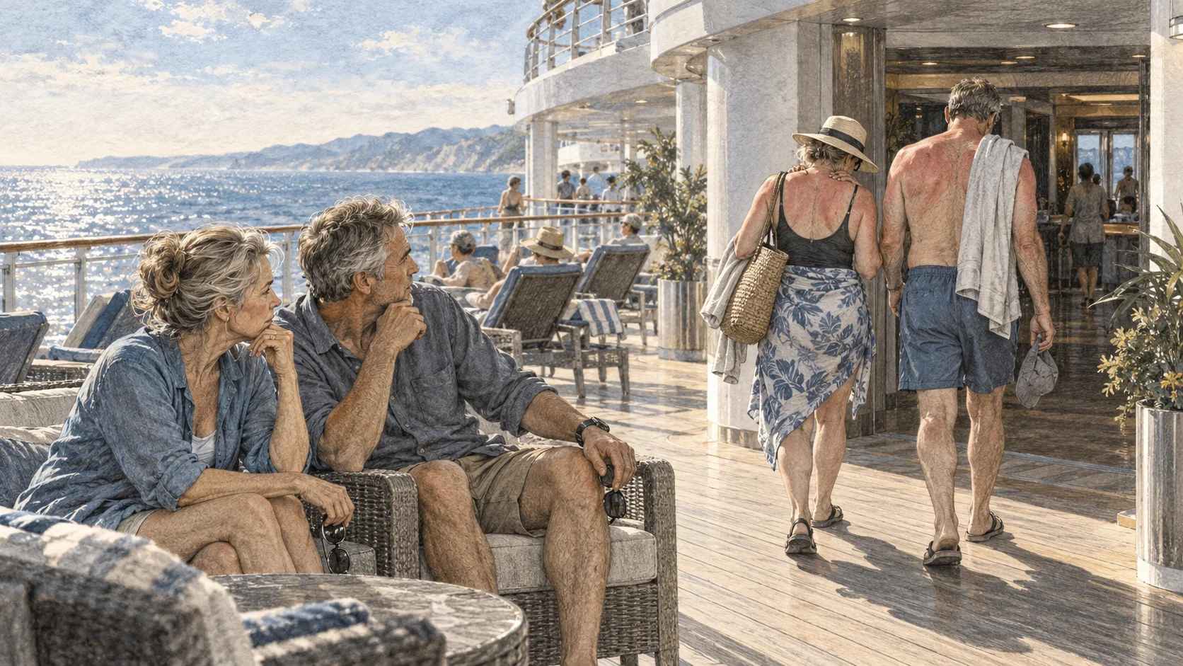 GenAthleteX Origin Story _ The Cruise Encounter Sunburned cruise passengers heading indoors while other travelers remain seated on the sunny deck