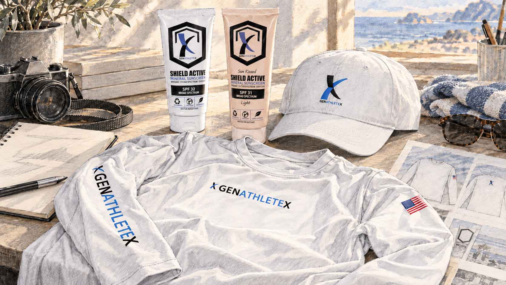 GenAthleteX Original Sunscreen and Apparel Collection Early GenAthleteX sunscreen packaging displayed with branded outdoor apparel and a runner's hat