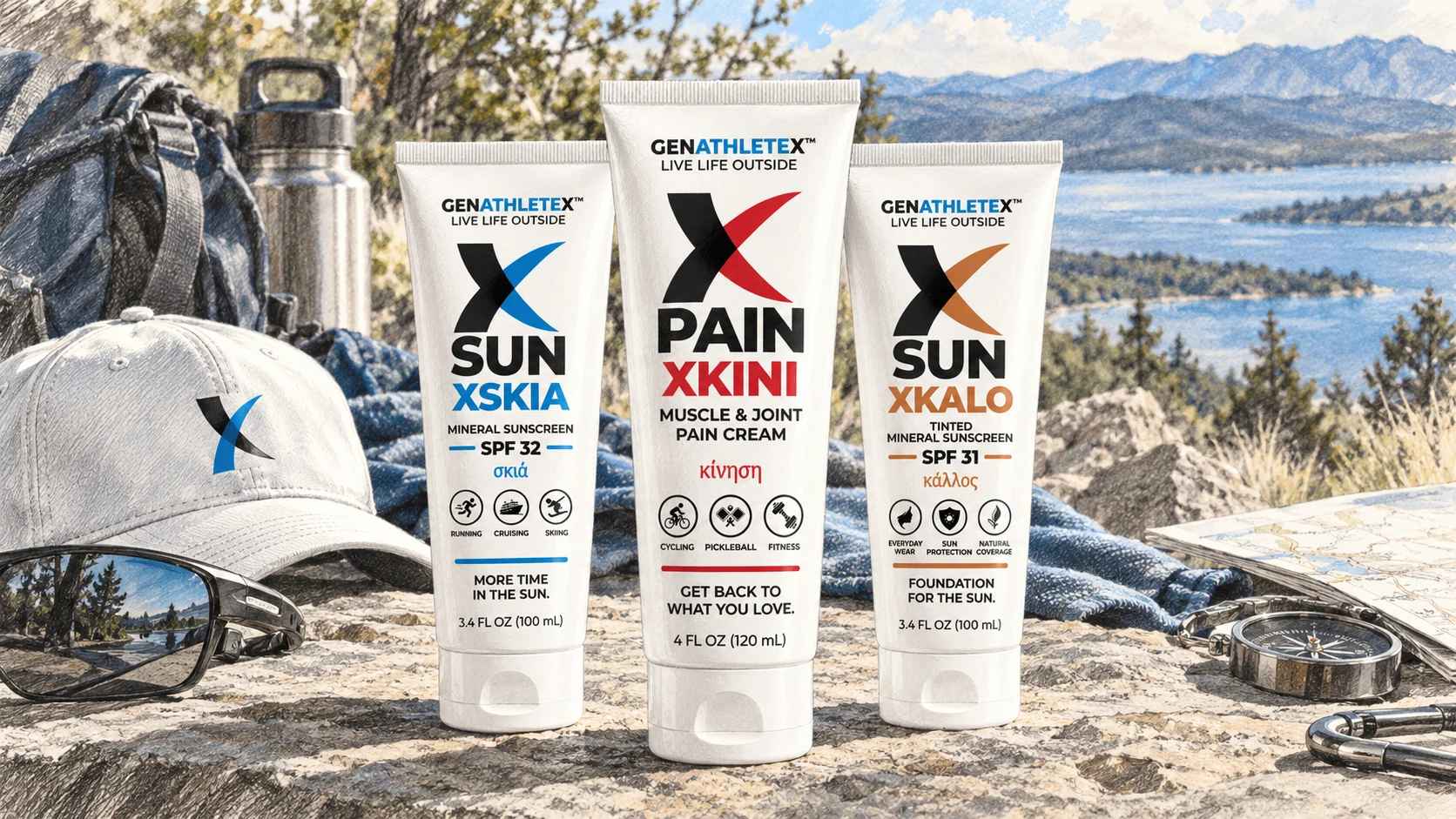 GenAthleteX Product Family _ The 2026 Relaunch GenAthleteX XKINI pain cream, XSKIA mineral sunscreen and XKALO tinted sunscreen displayed together outdoors
