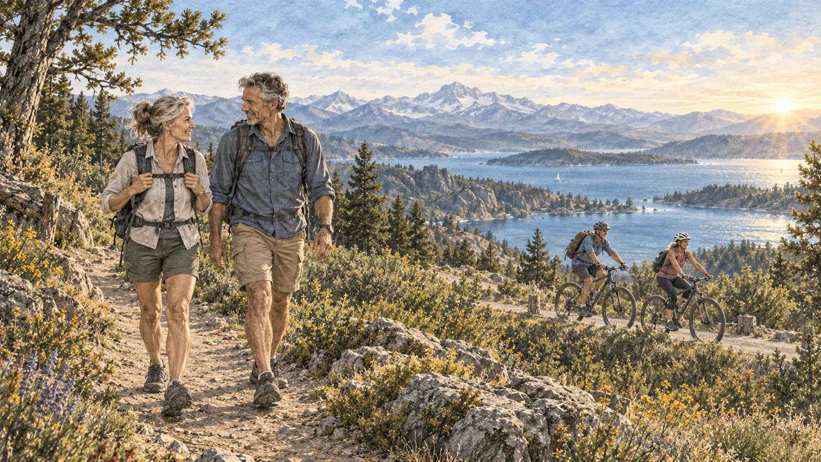 GenAthleteX Story _ Beyond the Ship Active adult hiking a mountain trail overlooking a scenic lake and distant mountains