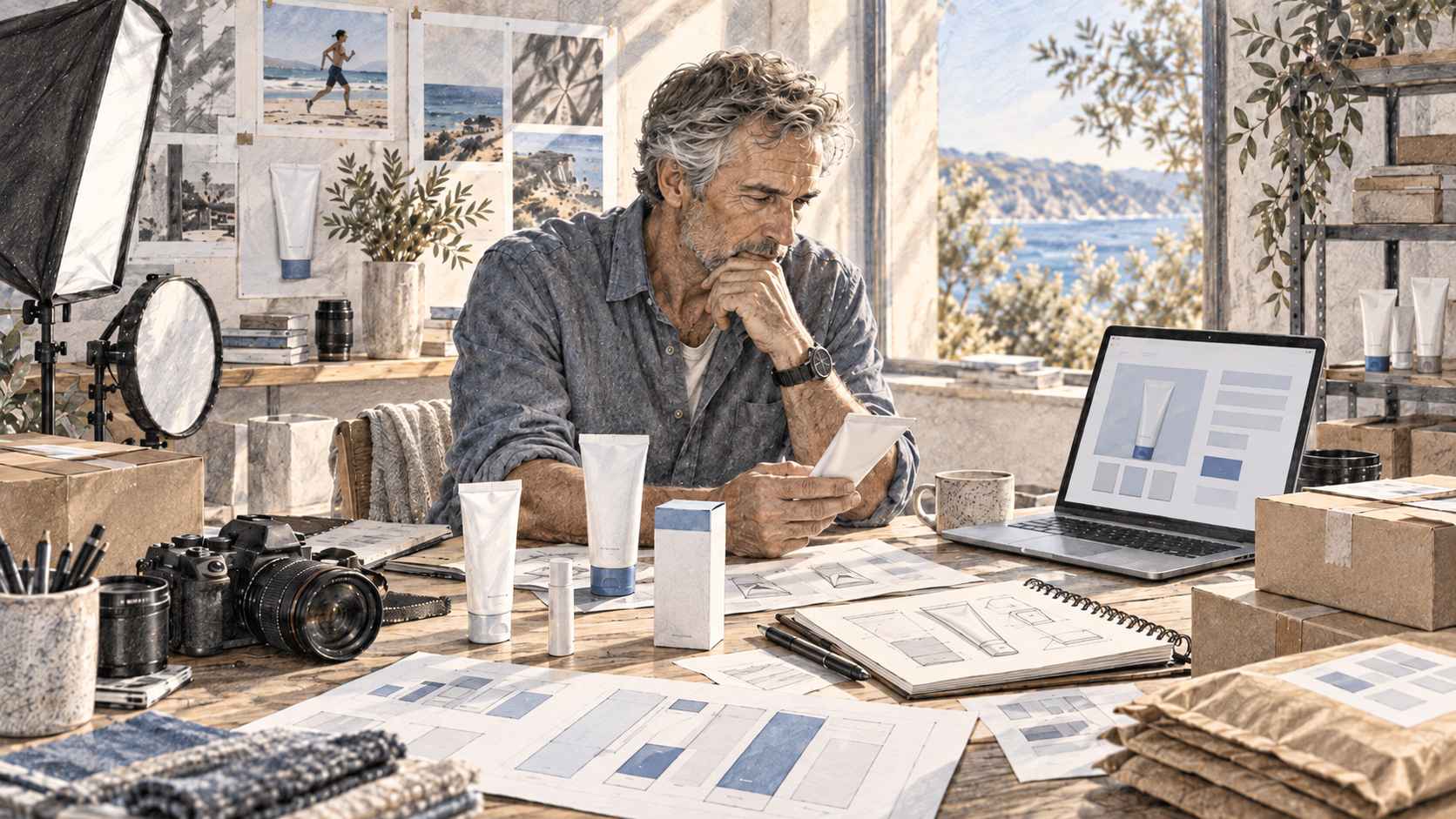 GenAthleteX Story _ Learning by Building Entrepreneur reviewing skincare packaging, product samples and design materials at a coastal workspace
