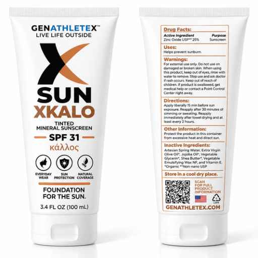 XKALO Tinted Mineral Sunscreen SPF 31 _ Front and Back GenAthleteX XKALO tinted mineral sunscreen SPF 31 white tubes showing front packaging and back Drug Facts label