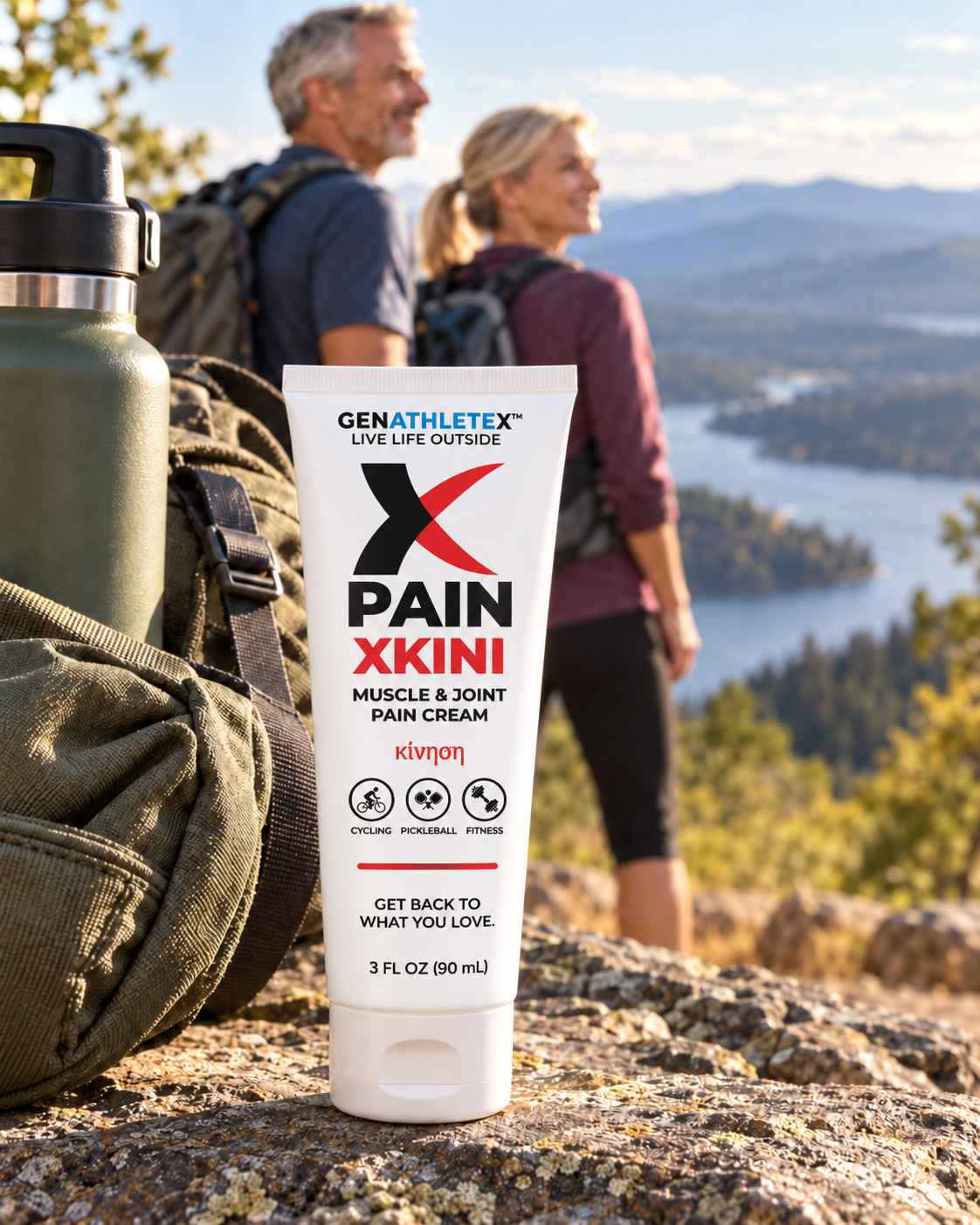 XKINI 3 oz Muscle & Joint Pain Cream with hikers on a mountain trail