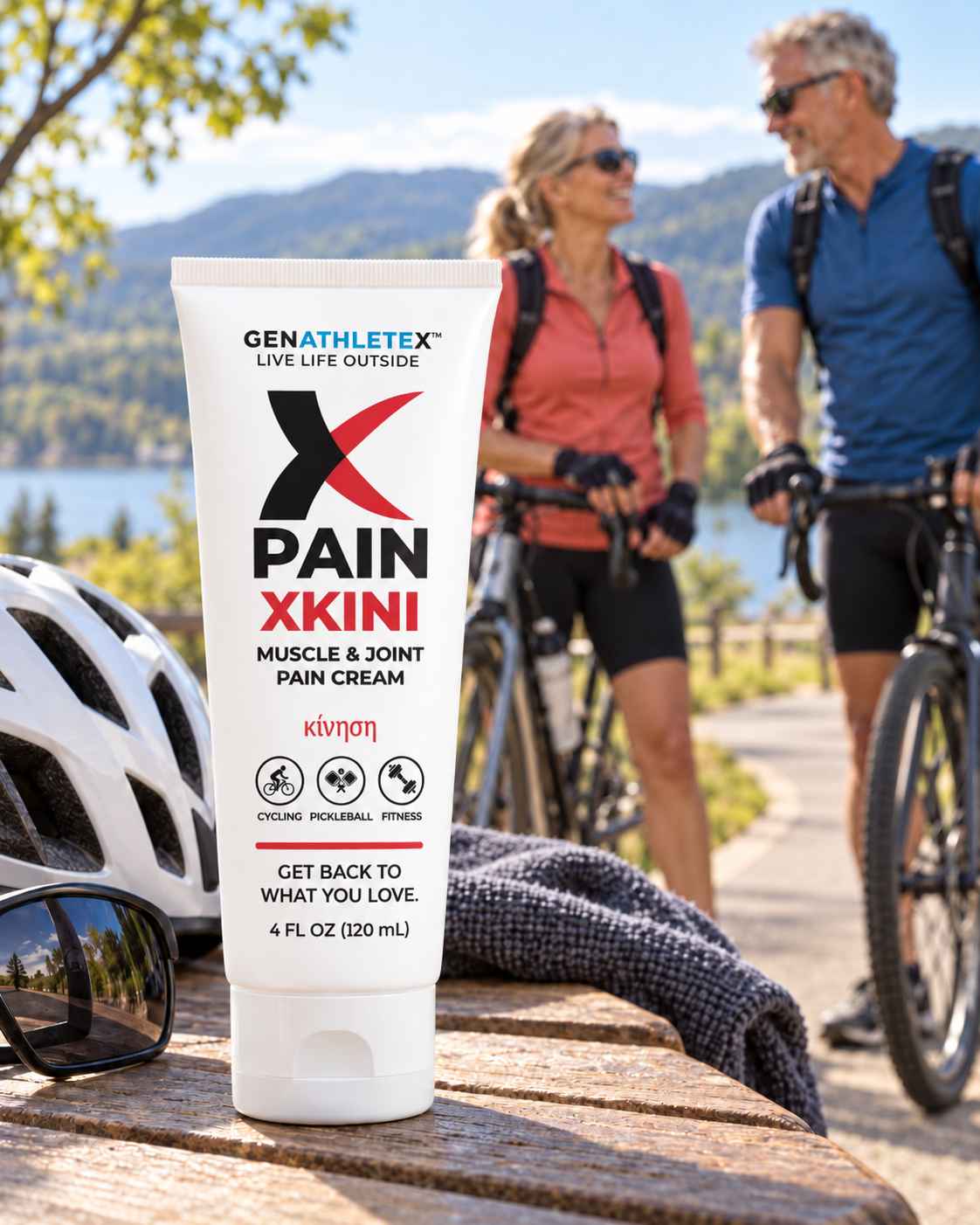 XKINI 4 oz Muscle & Joint Pain Cream with active adults cycling outdoors