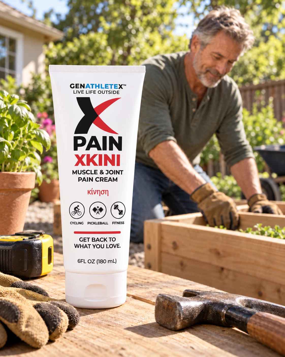 XKINI 6 oz Muscle & Joint Pain Cream beside an outdoor garden project