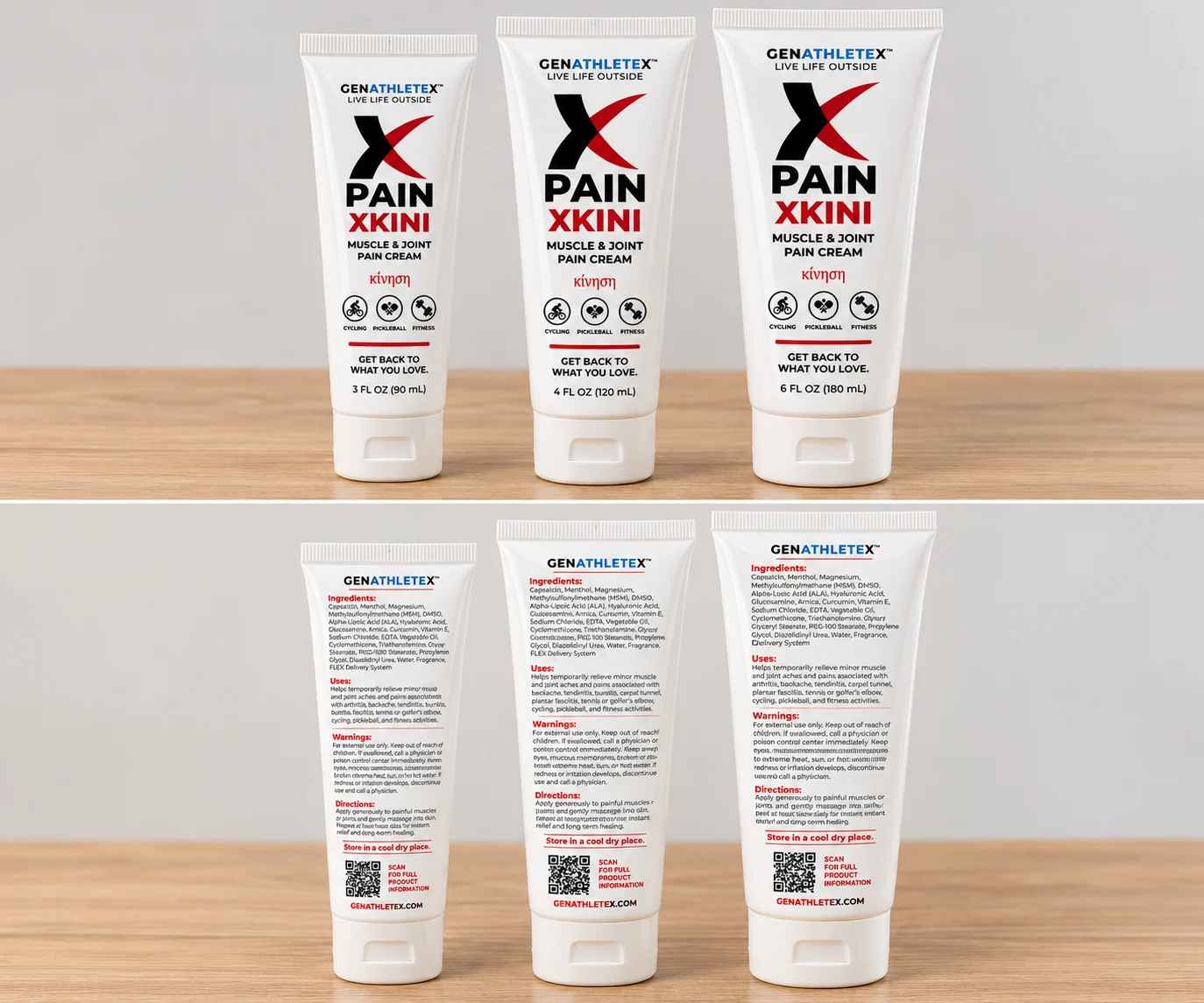 XKINI Muscle & Joint Pain Cream in 3 oz, 4 oz and 6 oz sizes, front and back