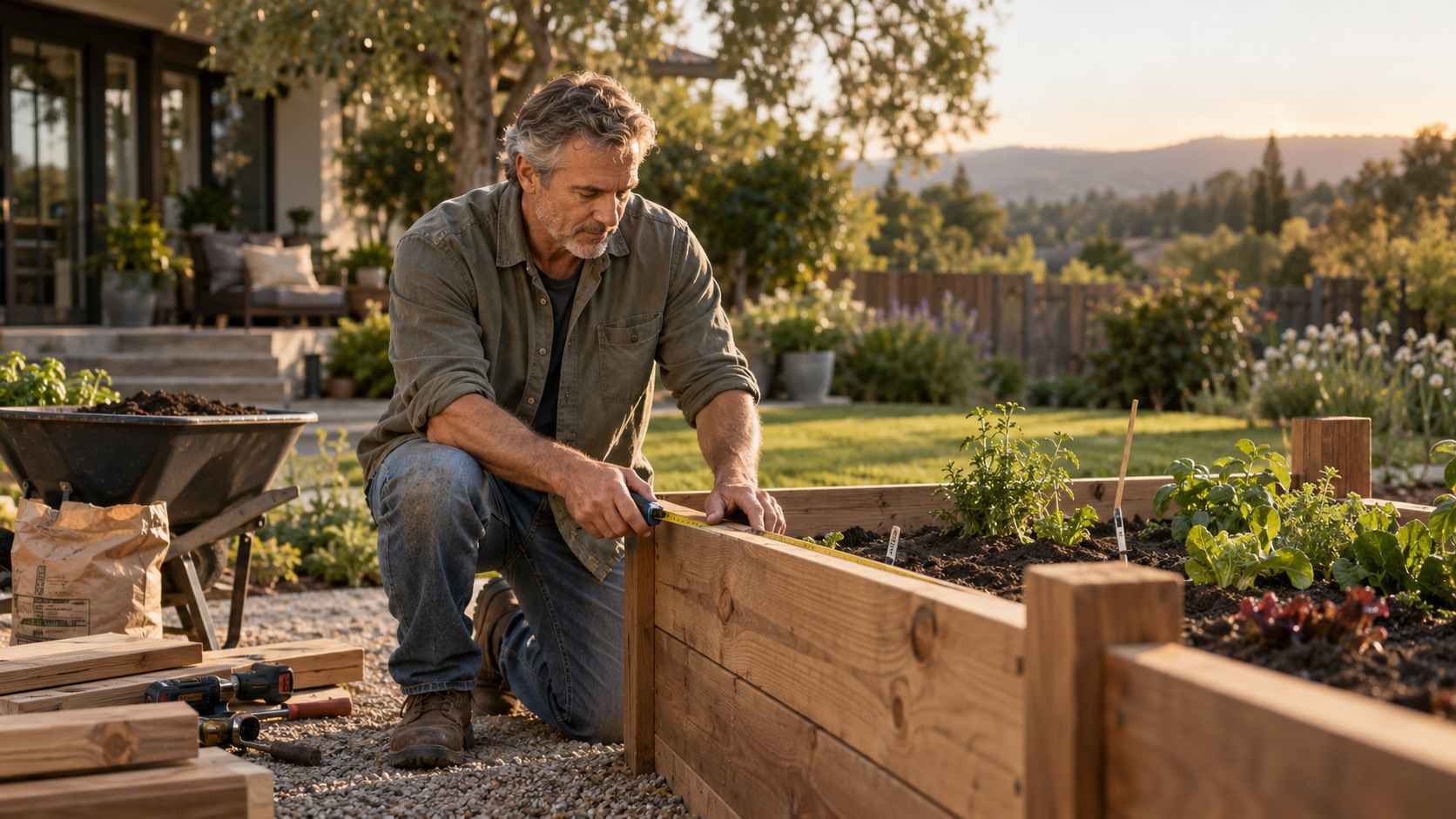 XKINI _ A Project Worth Finishing Man in his late 50s working on a raised garden bed in his backyard