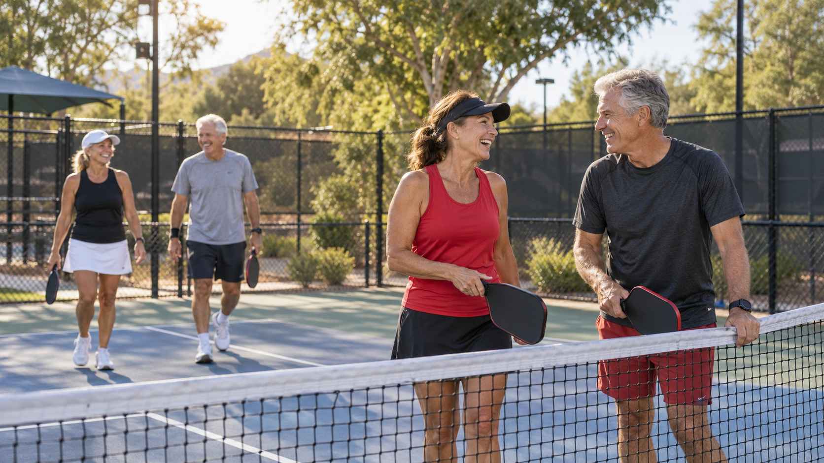 XKINI _ Get Back to What You Love Four active adults in their 50s enjoying a friendly outdoor pickleball game