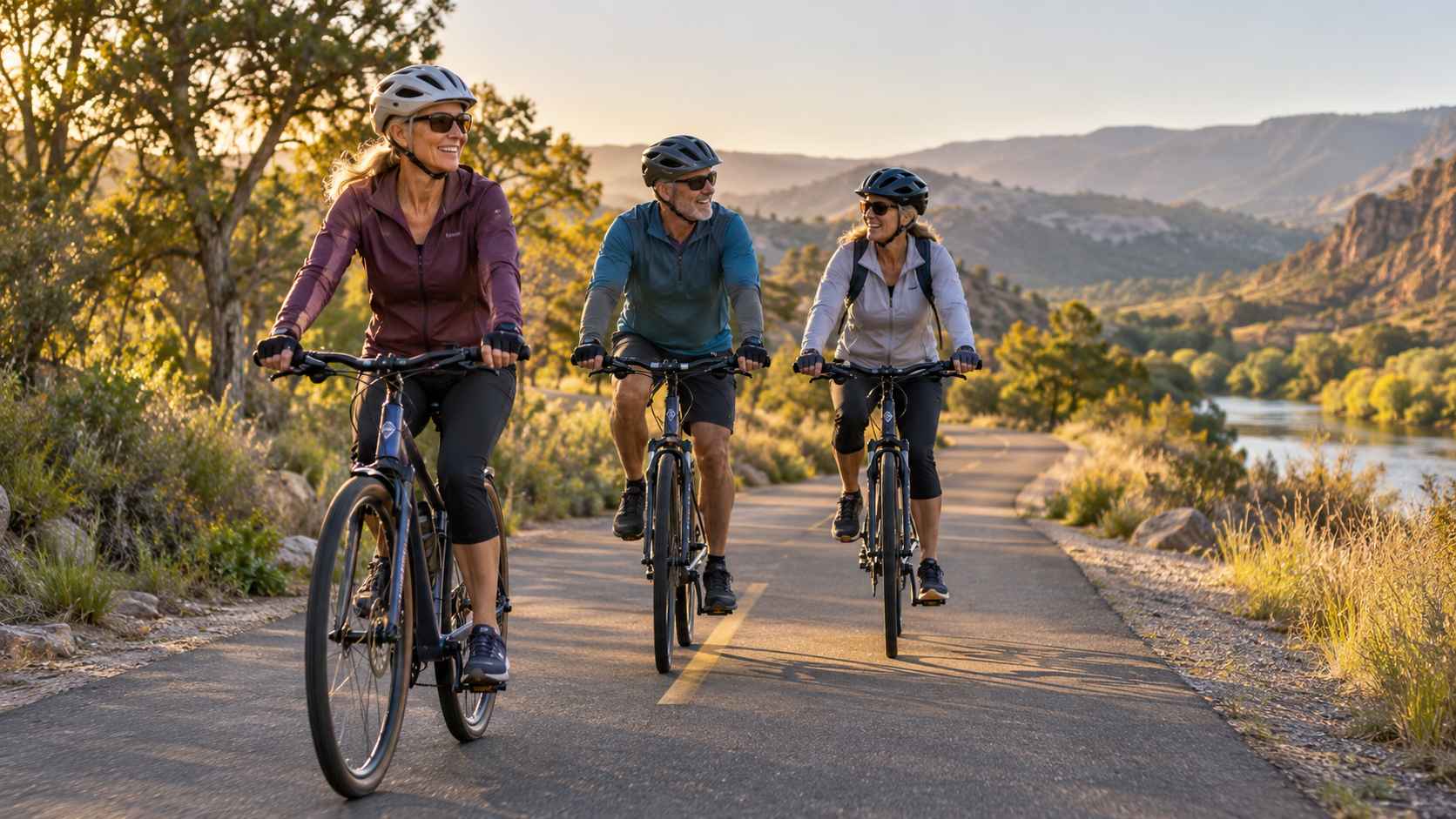 XKINI _ Made for Life in Motion Three active adults cycling together along a scenic paved outdoor trail