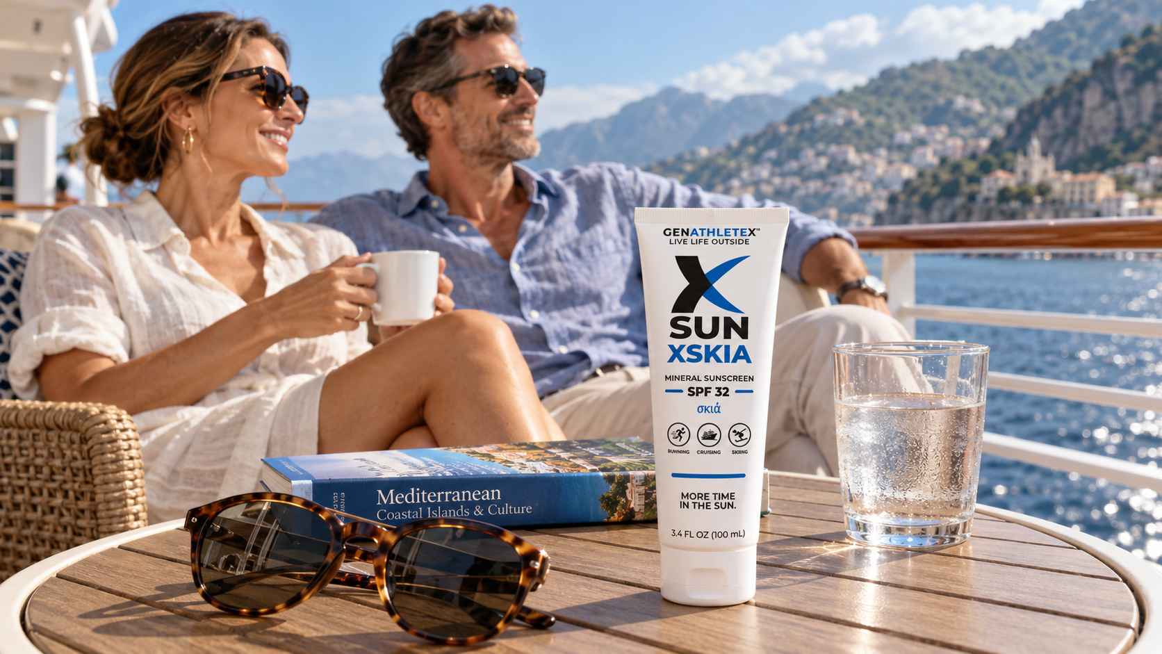 XSKIA Mineral Sunscreen SPF 32 _ Cruise Travel XSKIA mineral sunscreen SPF 32 on a cruise ship deck table as a couple enjoys the ocean and coastal scenery