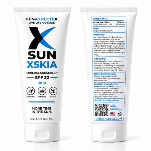 XSKIA Mineral Sunscreen SPF 32 _ Front and Back GenAthleteX XSKIA Mineral Sunscreen SPF 32 white tubes showing front packaging and back Drug Facts label