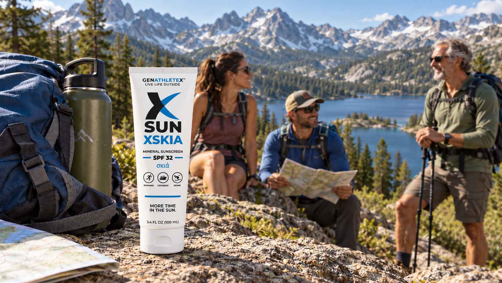 XSKIA Mineral Sunscreen SPF 32 _ Mountain Hiking XSKIA Mineral Sunscreen SPF 32 beside a hiking backpack as three adults enjoy a scenic mountain overlook