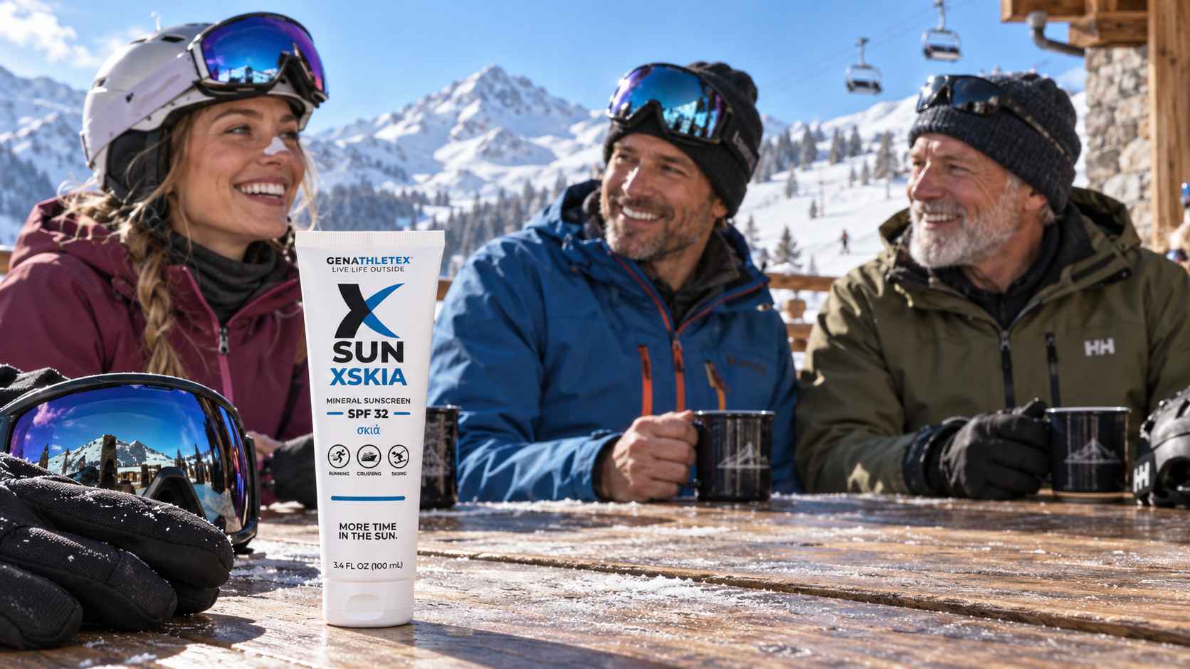 XSKIA Mineral Sunscreen SPF 32 _ Skiing and Winter Sun XSKIA mineral sunscreen SPF 32 on a ski resort terrace beside recreational skiers, one with white sunscreen on their nose